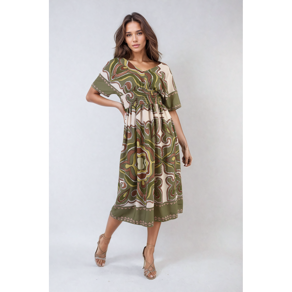 Ruched Printed V-Neck Short Sleeve Midi Dress | Go Wholesale